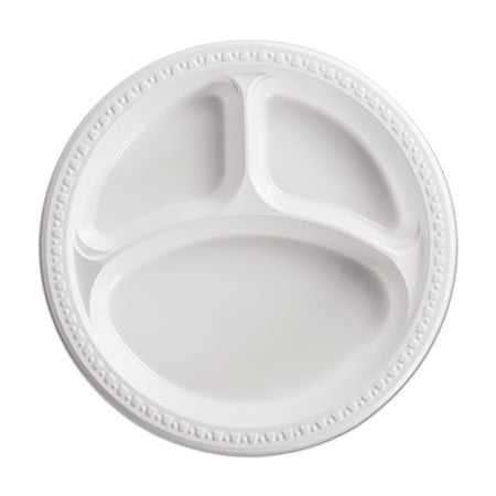 Huhtamaki Chinet, Heavyweight Plastic 3 Compartment Plates, 10 1/4in Dia, White, 4PK 81230